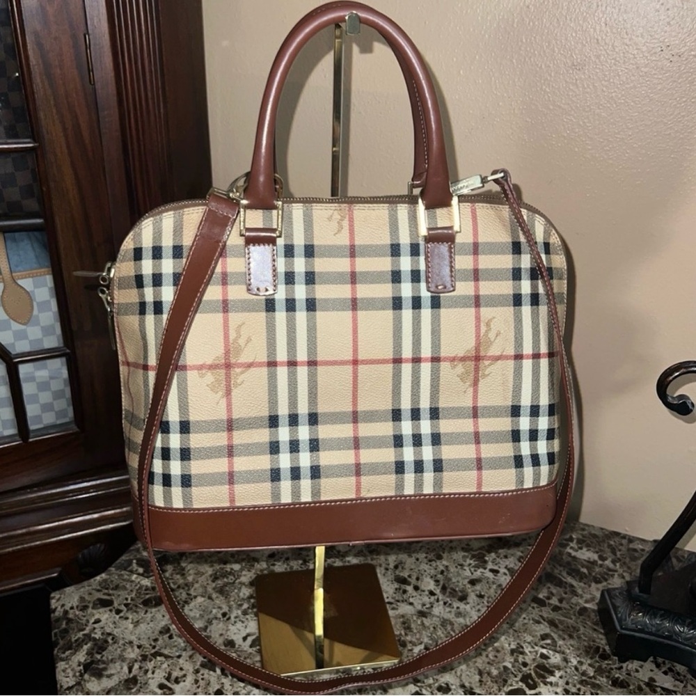 Classic Plaid Satchel Handbag in Beige and Brown